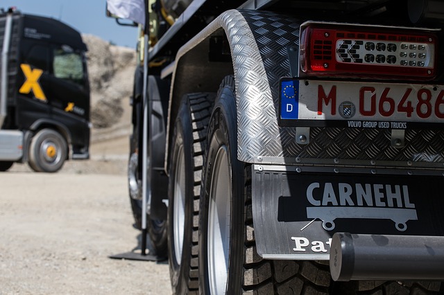 En lastbil bakifrån. Man esr registreringsskylten och lastbilens hjul.