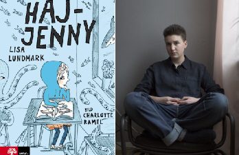 Haj-Jenny sitter vid en skolbänk.. Bredvid bokomslaget är en bild på författaren Lisa Lundmark..