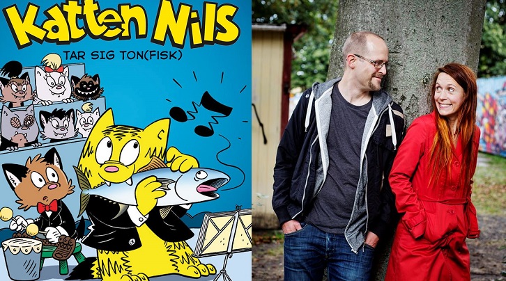 Två bilder bredvid varandra. Den första föreställer bokens omslag som är tecknat, med en gul katt som äter en fisk. Till höger är det ett foto av författarna. De står båda två med ryggen mot ett träd och tittar på varandra. Johanna har långt rött hår och rödkappa. Joakim har en grå hoodie, snaggat hår och glasögon.