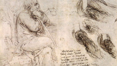 En teckning av en man som sitter på bänk. Han har benen i kors och lutar armarna mot en vandringsstav. Han har skägg och ser ganska gammal ut. Bredvid honom är det målat massa vågor.