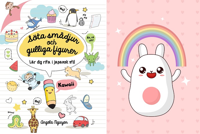 Bokens omslag och en söt tecknad figur med långa öron och en regnbåge ovanför sig. Bokens omslag är fylld av små gulliga tecknade figurer, till exempel en penna med ögon på.