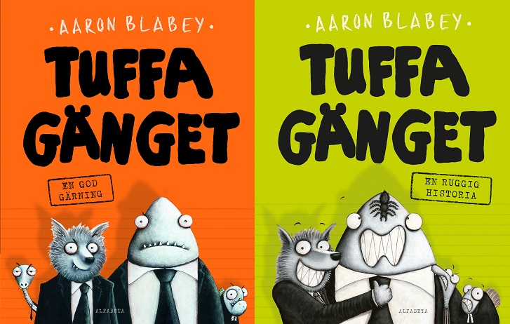 Framsidan på första och andra boken i serien om Tuffa gänget. På båda är det en tecknad haj och varg med kostym, en arg piraya som tittar fram bakom de andra och en orm med slips.