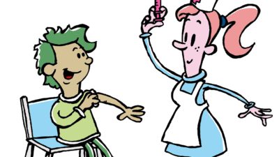 En tecknad bild på en sjuksköterska som ska ge ett glatt barn en spruta i armen.