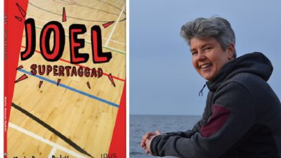 En bild på boken och en på författaren. På bokens omslag är det ett golv i en idrottshall. Författaren ser ut att vara runt 50-60 år. Hon har grått hår, en hoodie på sig och sitter vid havet. Hon ser glad ut.