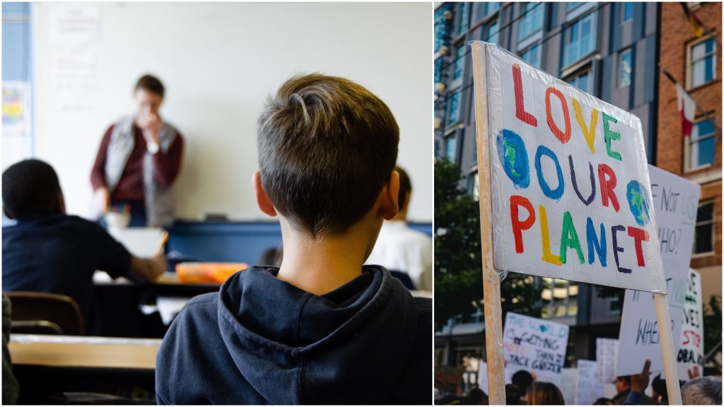 Kollage på en klassrum och en skylt från en demonstration